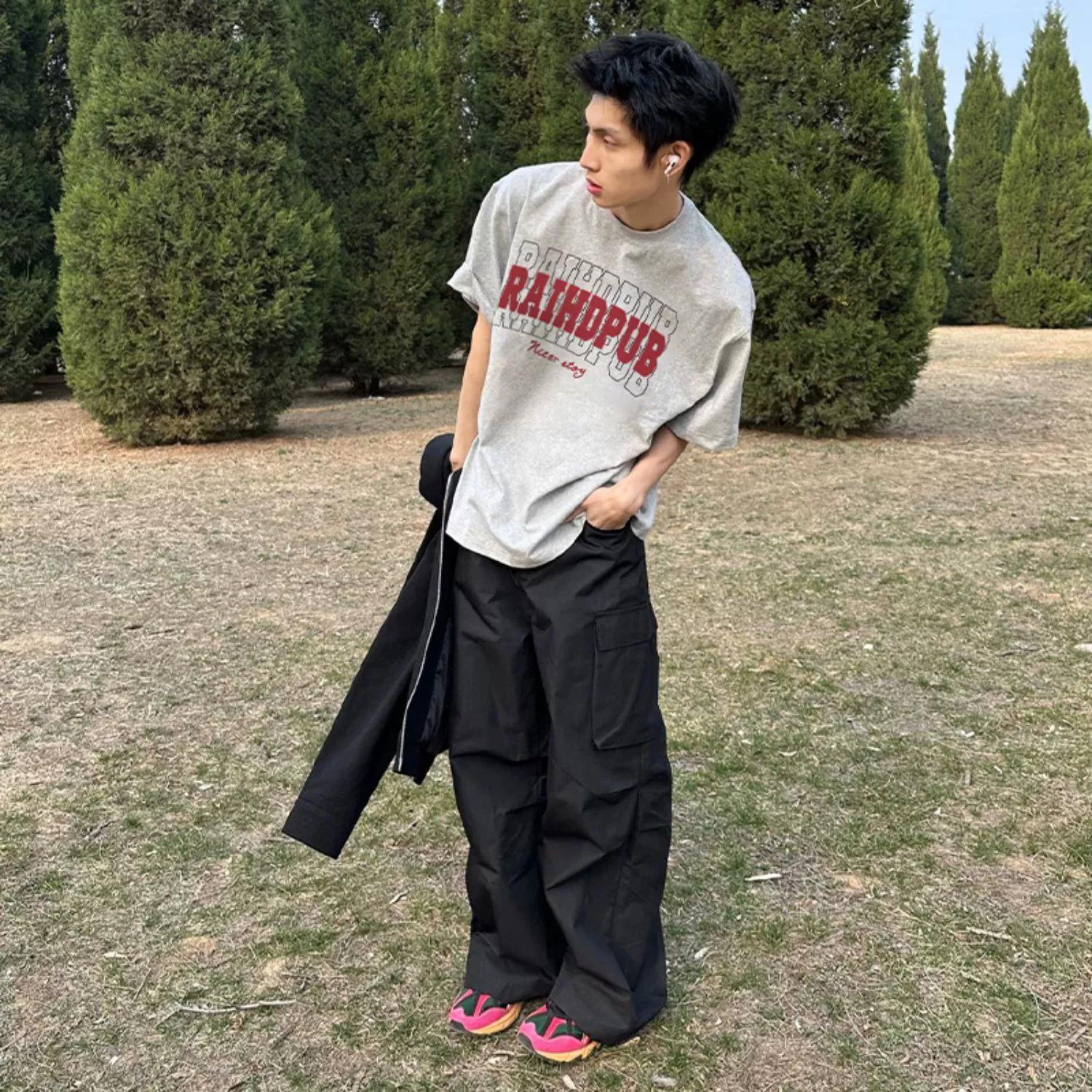 美式街頭復古字母印花男士短袖t恤夏季潮牌圓領重磅寬鬆半袖上衣