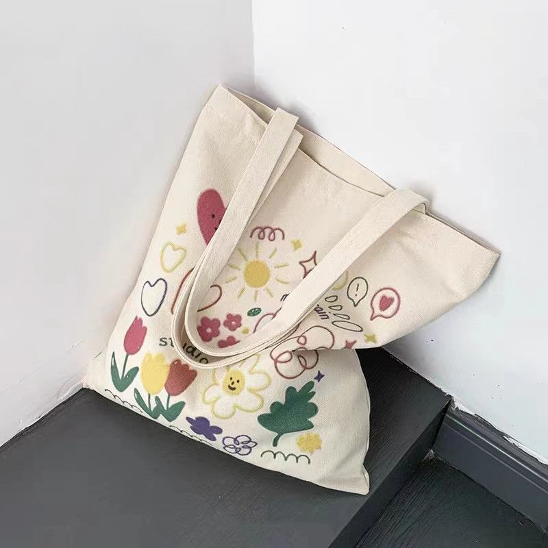 Large-capacity original canvas bag for women ins style Korean style summer cute handbag student vertical zipper environmental protection bag