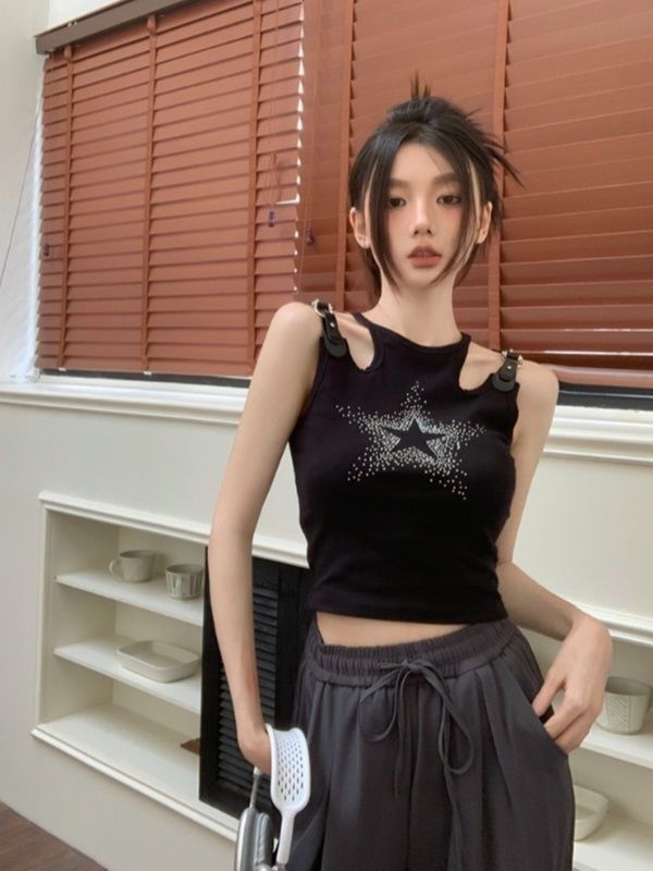 Leather buckle hollow star black halter vest suspender women's outer wear summer short sweet and cool hot girl sleeveless T-shirt top