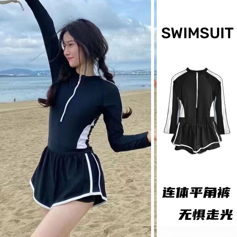 One-piece swimsuit for women, sports style, summer new style, Korean version, long-sleeved, sunscreen, swimming class, belly-covering, slimming swimsuit