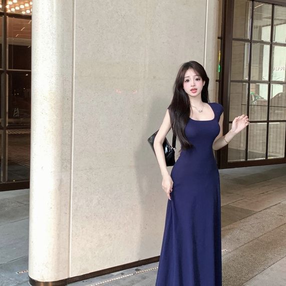 高級感茶歇連衣裙仙女夏季法式短袖藍色長裙性感氣質修身包臀裙子