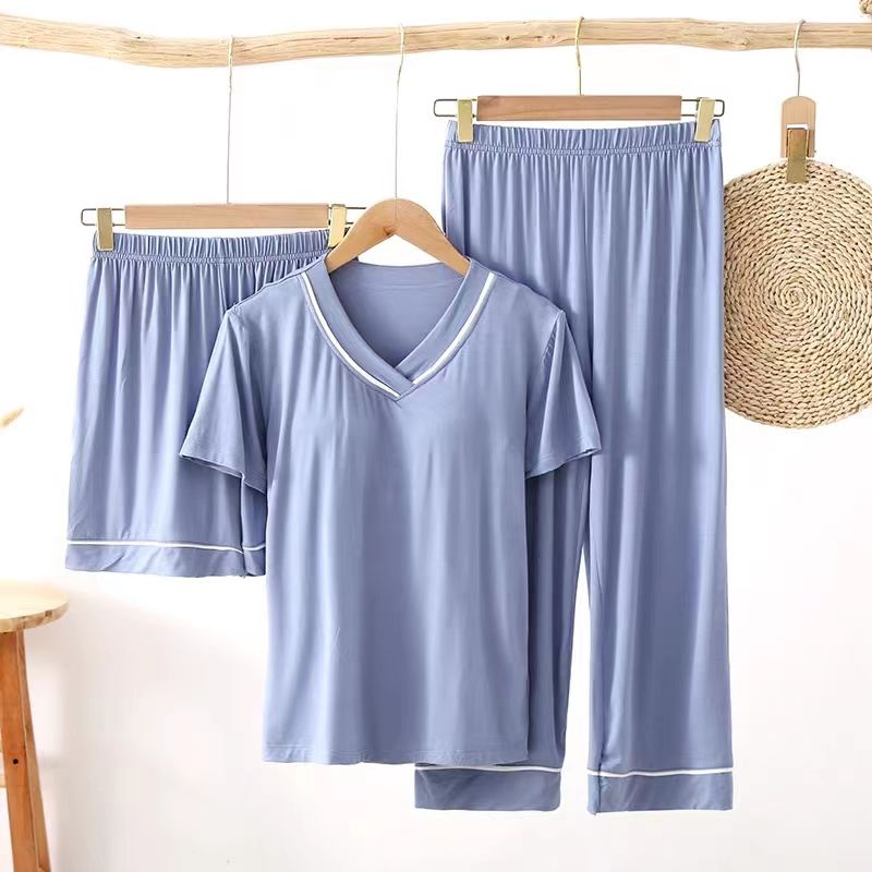 Pajamas with chest pad women's summer three-piece short-sleeved v-neck one-piece bra-free bra pregnant women can wear home clothes