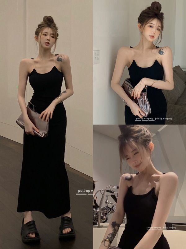 黑色吊带连衣裙女夏季2023新款裙子v领气质修身收腰高级感中长裙