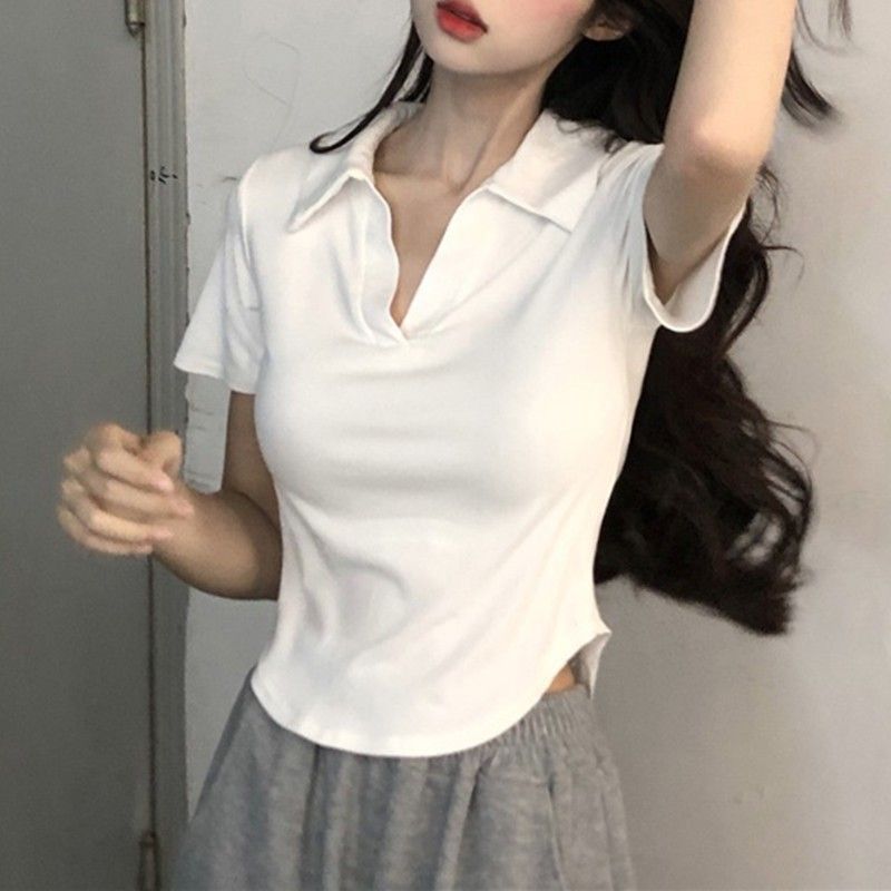 Pure cotton large size casual shoulder t-shirt short sleeve summer new fat MM slim Polo collar hot girl short top ins tide