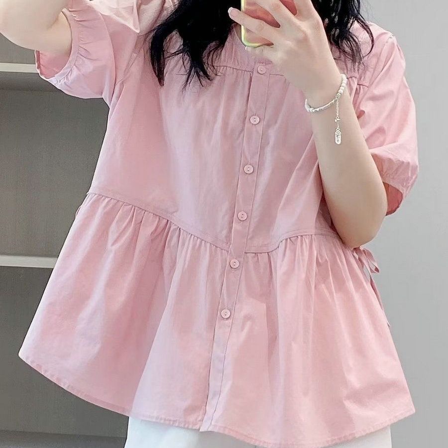 寬鬆時尚百搭短袖襯衫女2023夏季新款韓版顯瘦娃娃衫清新甜美小衫