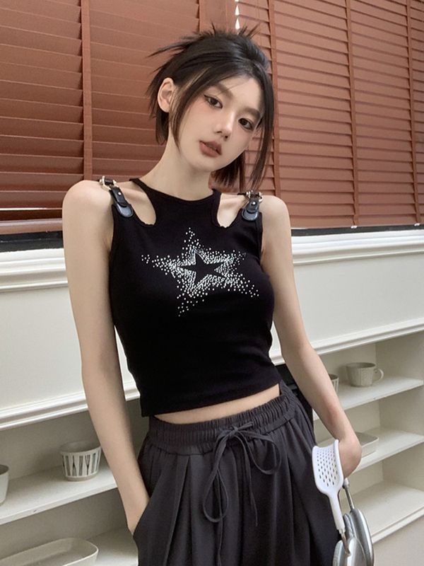 Leather buckle hollow star black halter vest suspender women's outer wear summer short sweet and cool hot girl sleeveless T-shirt top