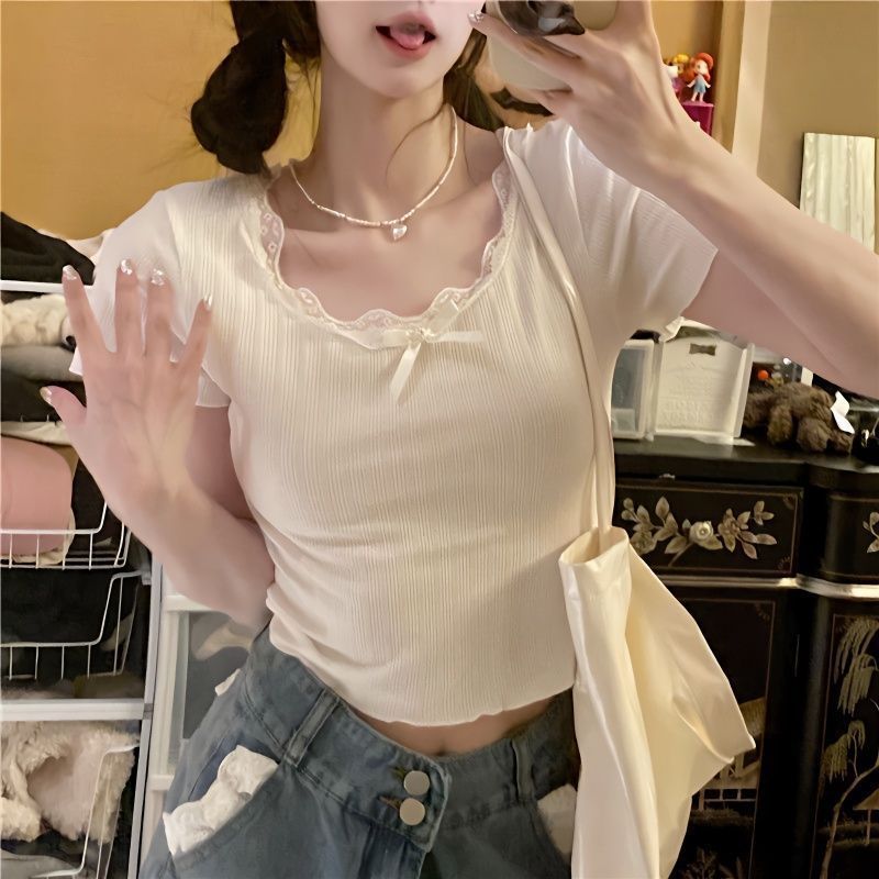 Pure lust style lace bow tight short-sleeved T-shirt women's summer design niche chic short top ins trend