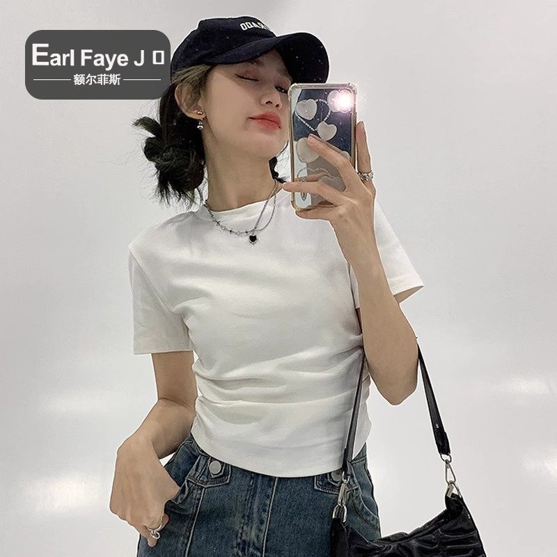 [Positive Shoulder Cotton] Summer New Slim Slim Round Neck Short-sleeved T-Shirt Short Spice Girl Top Women's Bottom Shirt