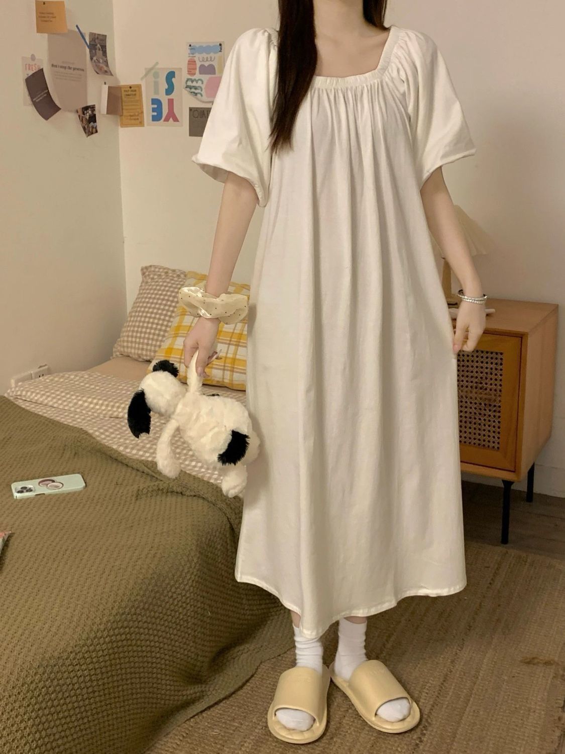 French high-end white puff sleeve dress  new pajamas for women summer slimming nightgown first love long dress