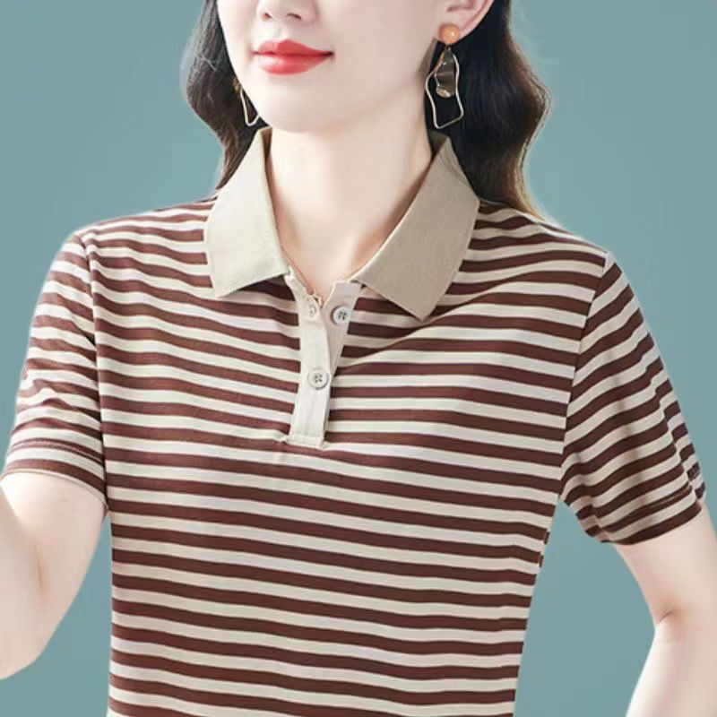 撿漏~外貿尾單大牌剪標撤櫃短袖t恤女夏條紋polo衫翻領上衣T