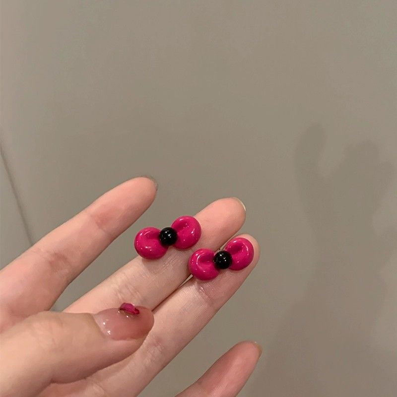 甜酷設計感樹莓色滴油蝴蝶結耳環耳釘女小眾設計高級感氣質耳飾