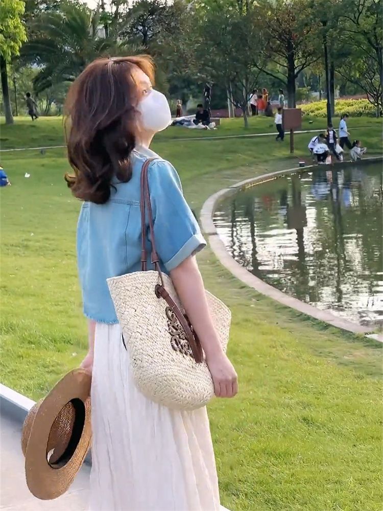 Lanhai Yinuo Thin Section Retro Denim Short-sleeved Shirt Jacket Women  Summer New Loose Short Casual Shawl