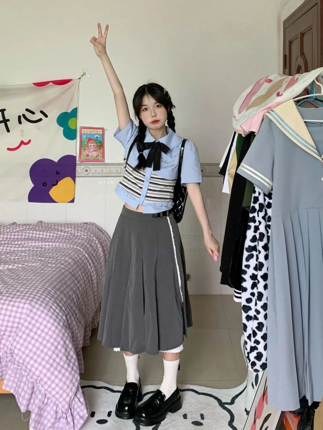 時尚套裝學院甜美襯衫上衣穿搭高腰顯瘦連衣中長裙百褶裙子送領結