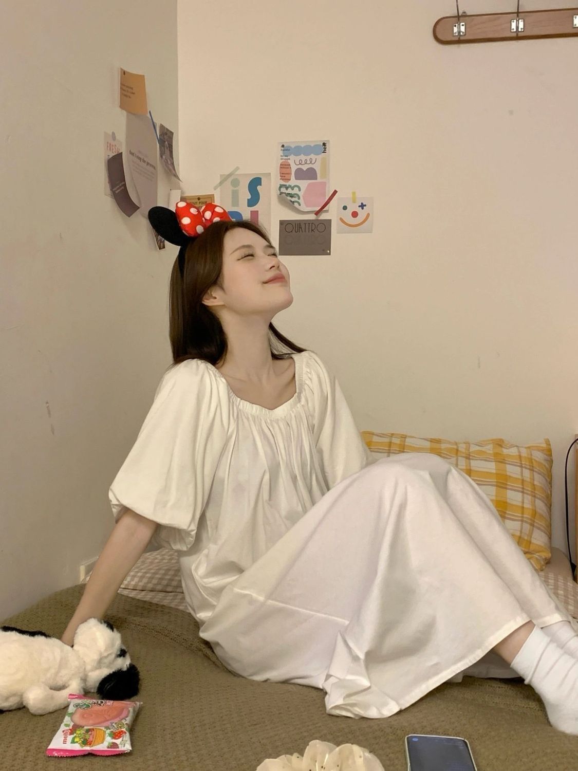 French high-end white puff sleeve dress  new pajamas for women summer slimming nightgown first love long dress