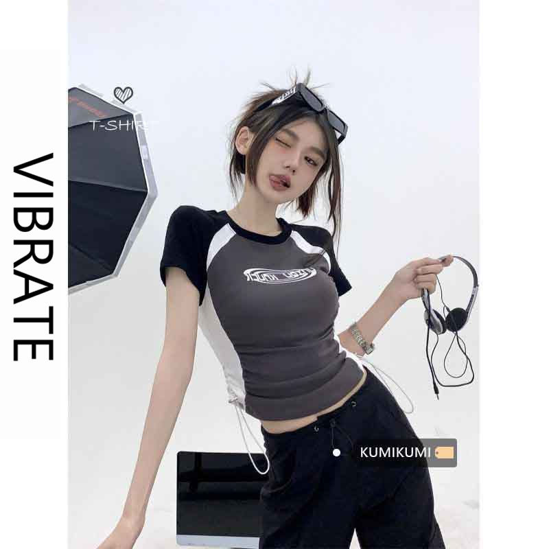VIBRATE retro color matching short-sleeved T-shirt female summer hot girl tight short drawstring design top ins tide