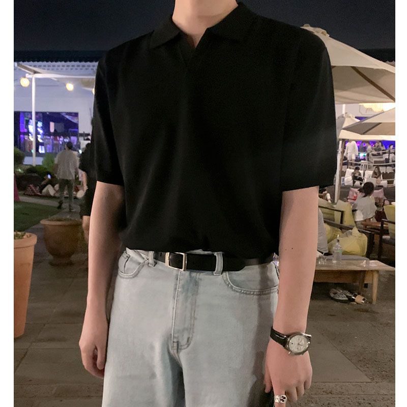 轻奢男装薄款男士纯色Polo衫短袖t恤夏季ins韩版素色缉明线针织衫