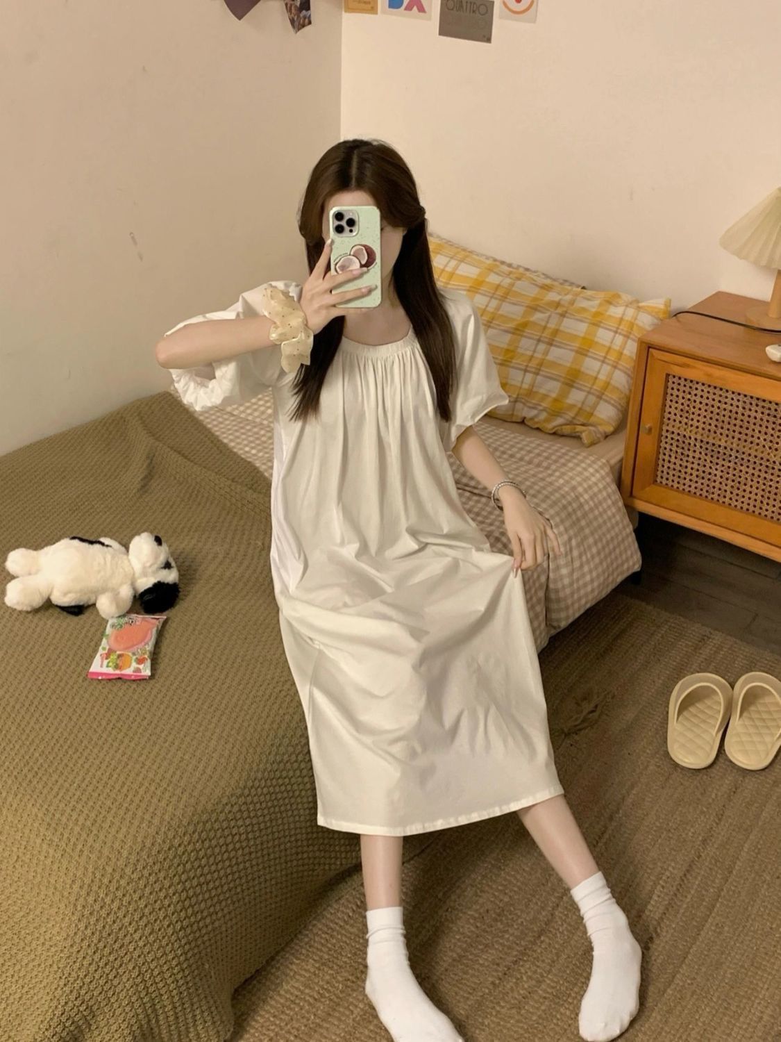 French high-end white puff sleeve dress  new pajamas for women summer slimming nightgown first love long dress