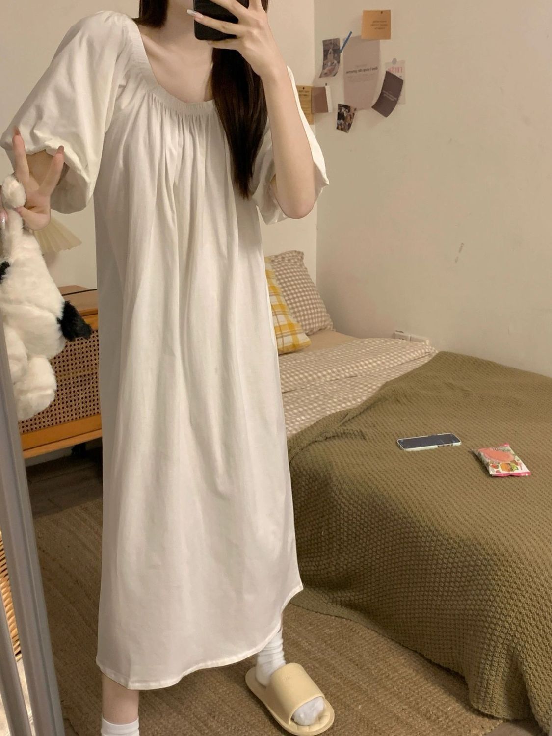 French high-end white puff sleeve dress  new pajamas for women summer slimming nightgown first love long dress