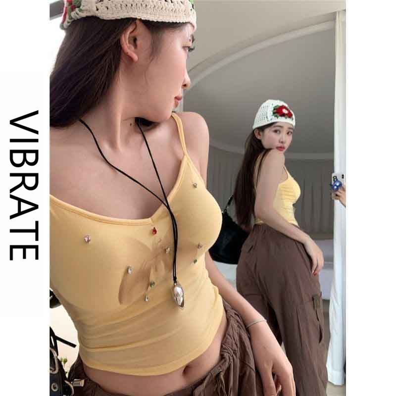 VIBRATE韓版蝴蝶印花吊帶背心女夏辣妹內搭外穿設計感短款上衣ins