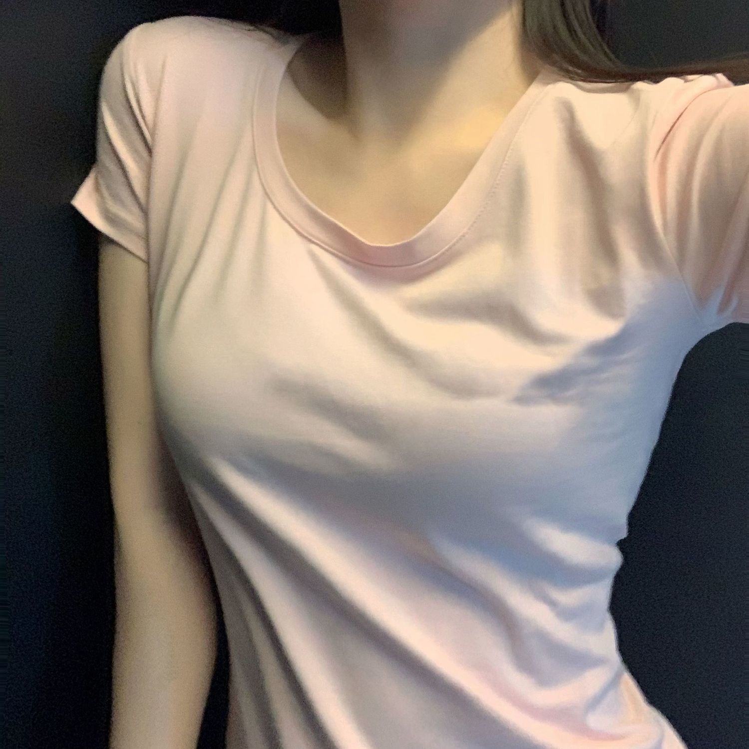 [Positive shoulder pure cotton] U-neck pink top T-shirt women's all-match basic short-sleeved western-style bottoming shirt trendy