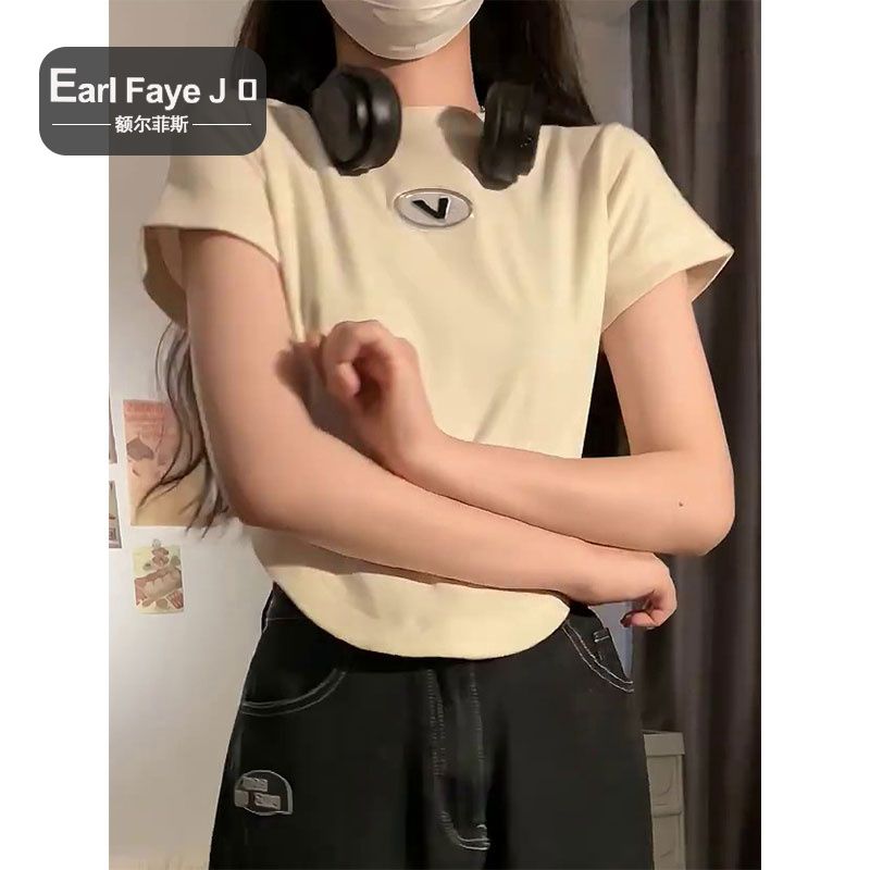 [Positive shoulder pure cotton] American retro label short-sleeved T-shirt female summer hot girl pure desire wind short crop top