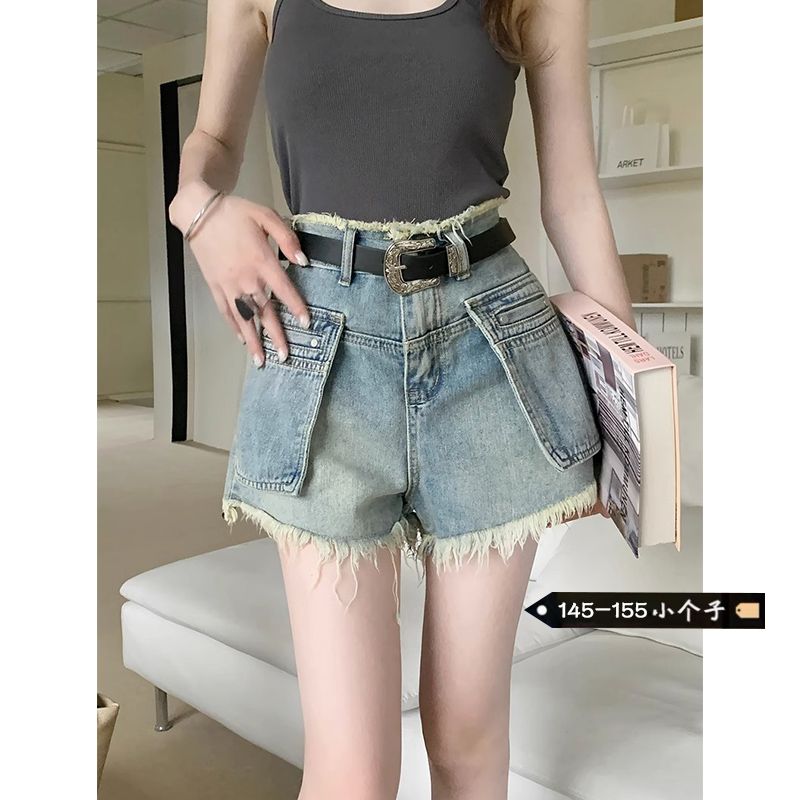 American retro washed distressed niche design raw edge jeans for women summer high-waist slim hot pants shorts