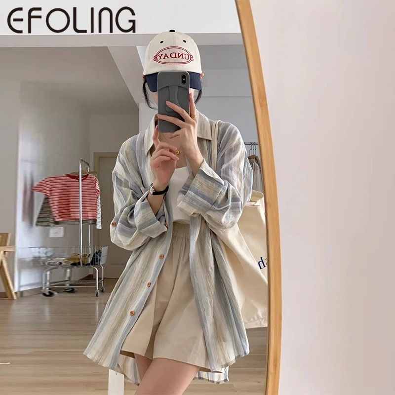 EFOLONG條紋防曬襯衫外套女夏季薄款寬鬆港風上衣設計感小眾襯衣