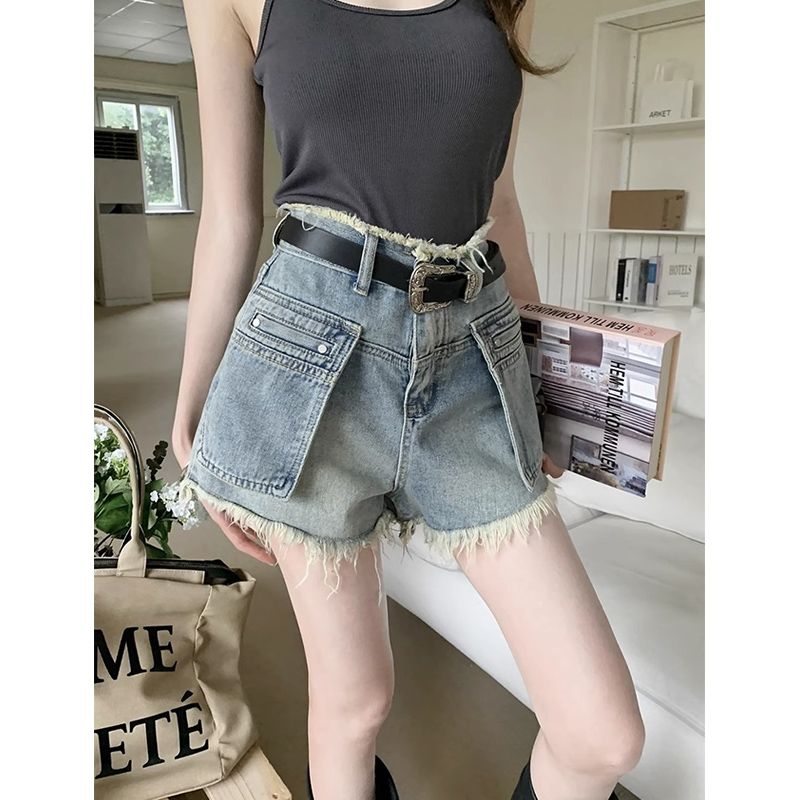 American retro washed distressed niche design raw edge jeans for women summer high-waist slim hot pants shorts