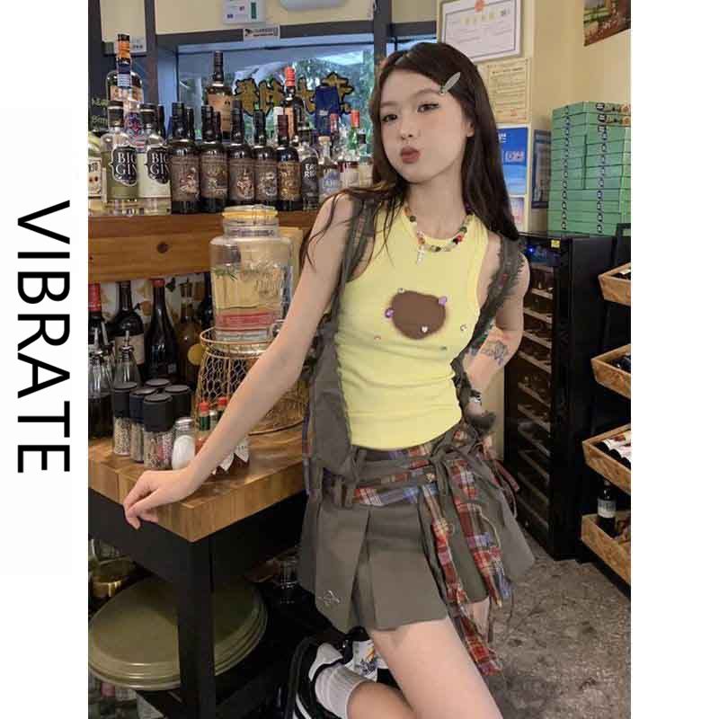 VIBRATE甜辣妹愛心印花外穿吊帶背心女夏季修身內搭上衣ins潮