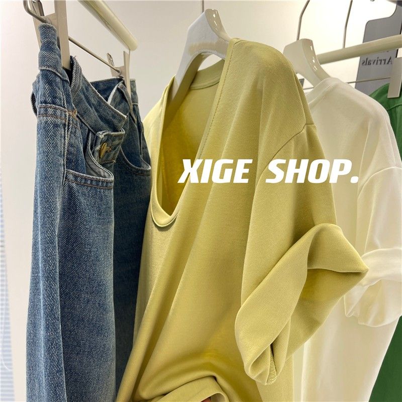 Extra large size 300 catties U-neck short-sleeved T-shirt women's bottoming shirt simple loose all-match thin solid color casual top summer