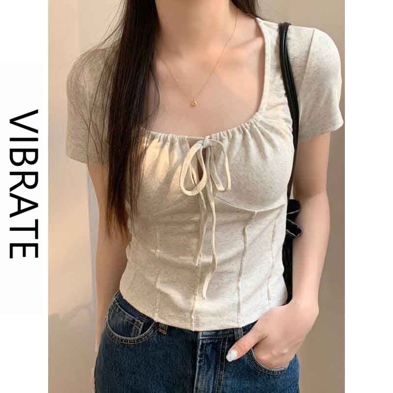 VIBRATE Korean version design sense niche pure desire tie square collar short-sleeved T-shirt women's summer slim short top