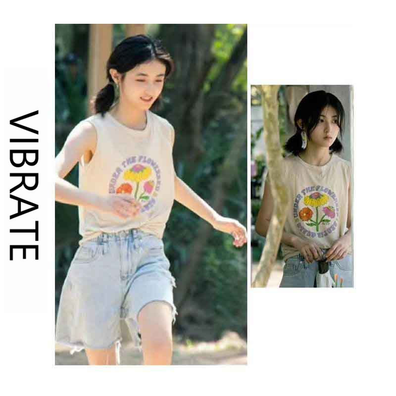 VIBRATE韓版張子楓同款文藝日系風寬鬆印花背心無袖T恤上衣女夏