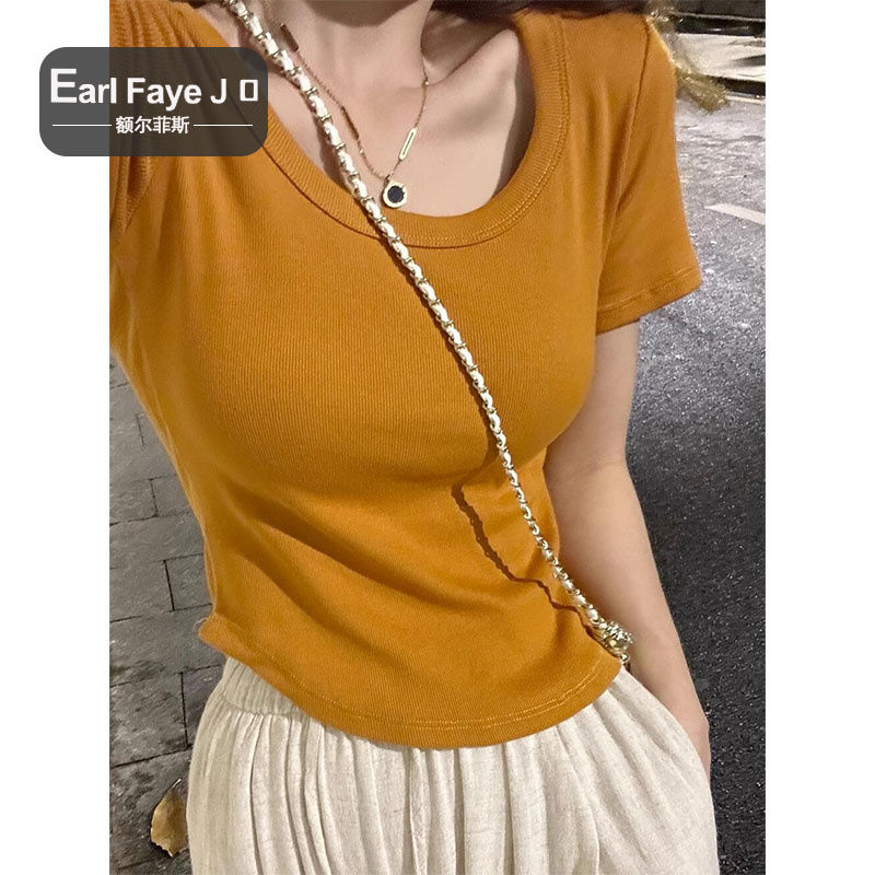 [Positive Shoulder Pure Cotton] Slim fit U-neck short-sleeved summer Korean version all-match solid color t-shirt women's top BF