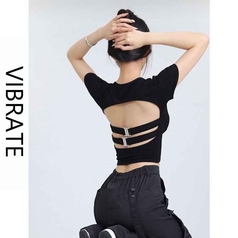 VIBRATE black square collar open back front shoulder short-sleeved t-shirt women's summer short section self-cultivation design top ins tide