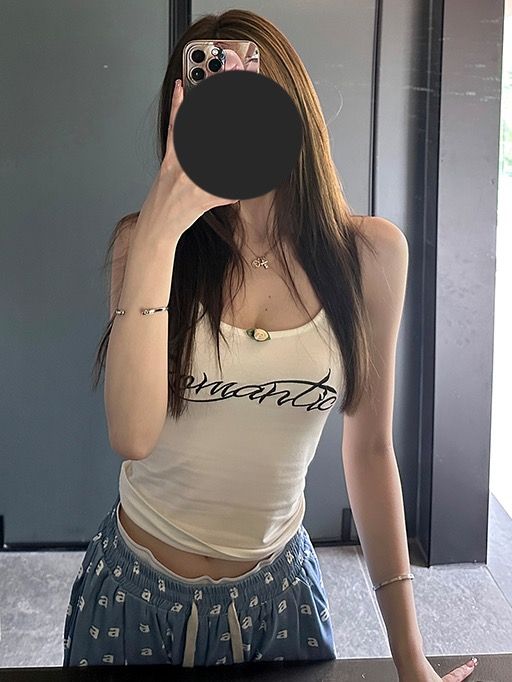 純欲風字母印花修身短款小吊帶女夏季外穿無袖內搭背心遮副乳上衣
