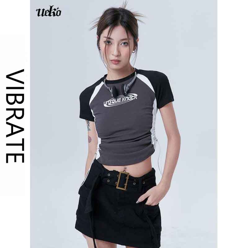 VIBRATE American retro tight raglan shoulder short-sleeved t-shirt female short summer drawstring hot girl slim top ins tide
