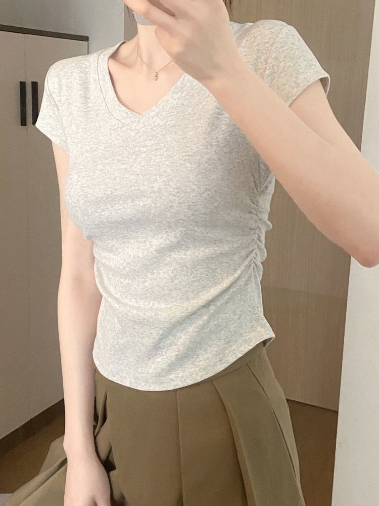 [Positive shoulder pure cotton] wrinkled gray V-neck beautiful top T-shirt women's all-match basic short-sleeved western-style bottoming shirt