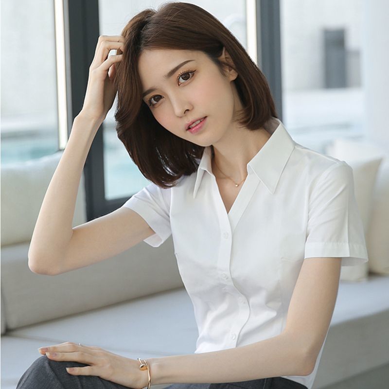 白色衬衫女短袖2023夏季新款韩版职业上衣衬衣修身正装工装工作服