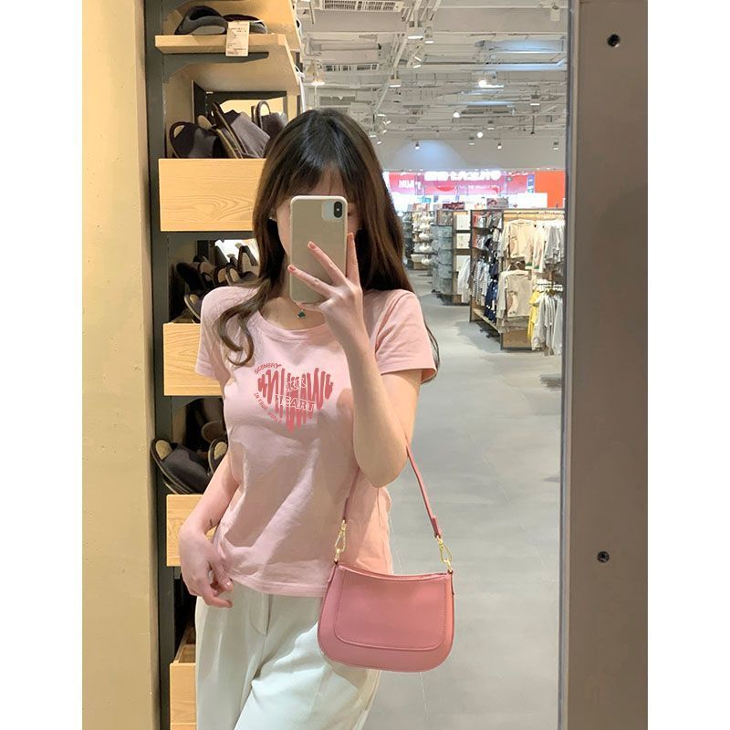 [Pink front shoulder pure cotton] U-neck top T-shirt women's printed basic short-sleeved collarbone trendy bottoming shirt
