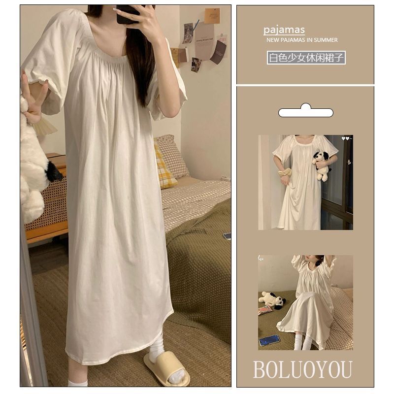 French high-end white puff sleeve dress  new pajamas for women summer slimming nightgown first love long dress