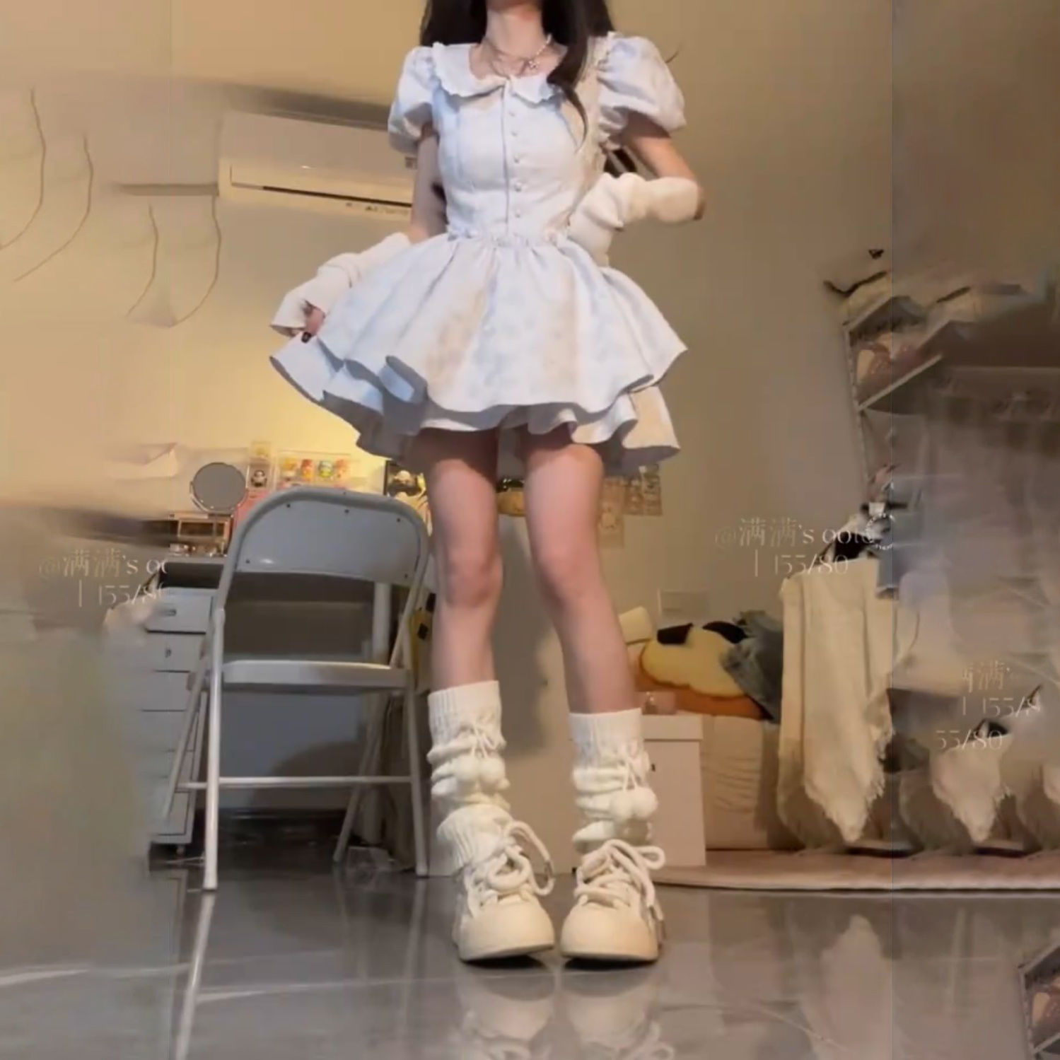甜美可愛娃娃領提花連衣裙女學生夏季魚骨收腰遮肉蓬蓬公主短裙子