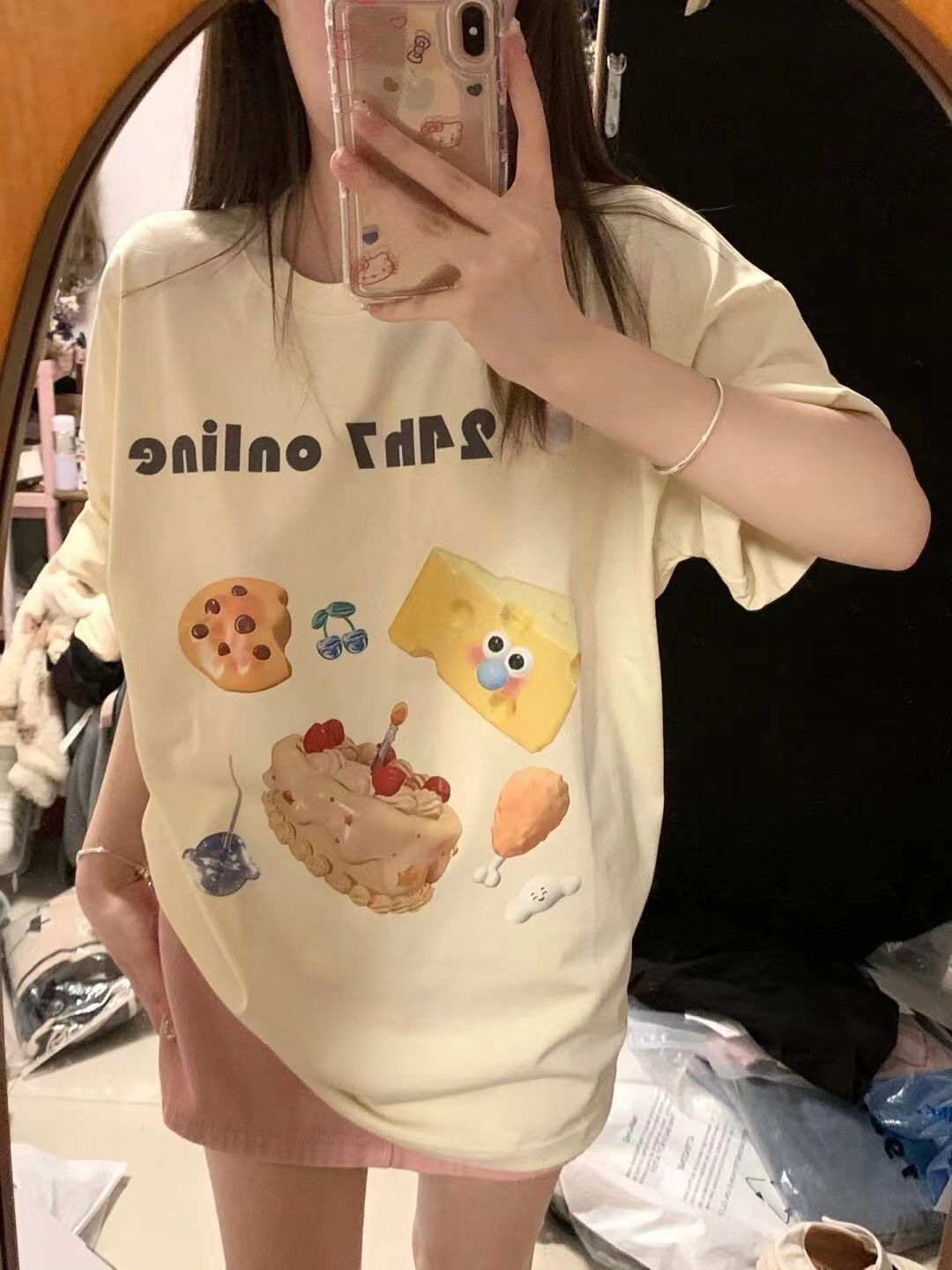 100%純棉短袖t恤女夏季新款美式復古印花小眾百搭學生寬鬆上衣ins