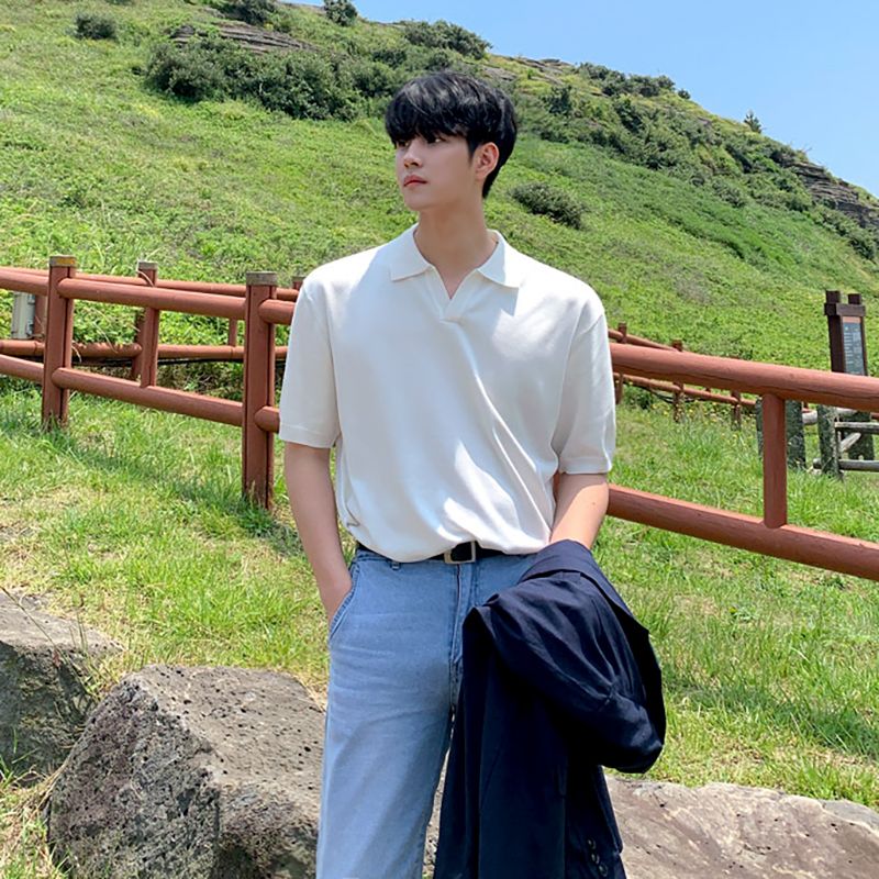 轻奢男装薄款男士纯色Polo衫短袖t恤夏季ins韩版素色缉明线针织衫