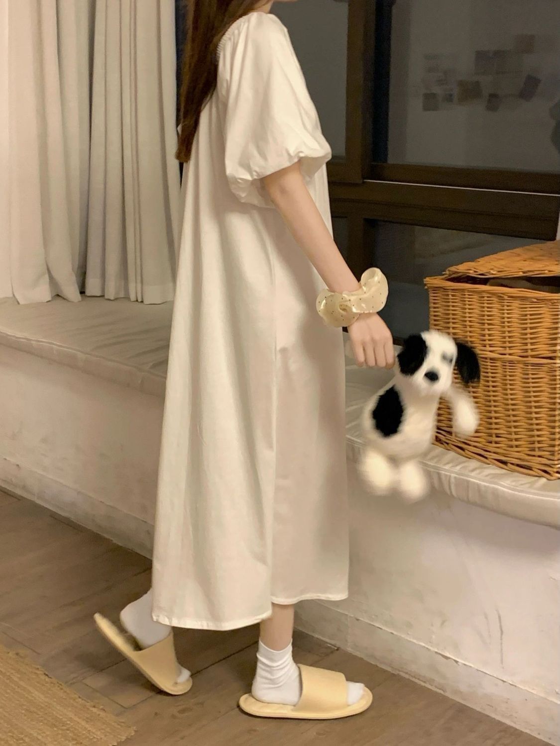 French high-end white puff sleeve dress  new pajamas for women summer slimming nightgown first love long dress