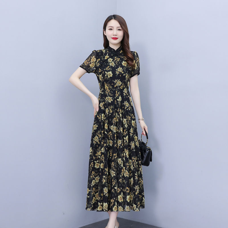 雪紡連衣裙女夏2023新款民族風改良旗袍氣質媽媽高端夏天碎花裙子