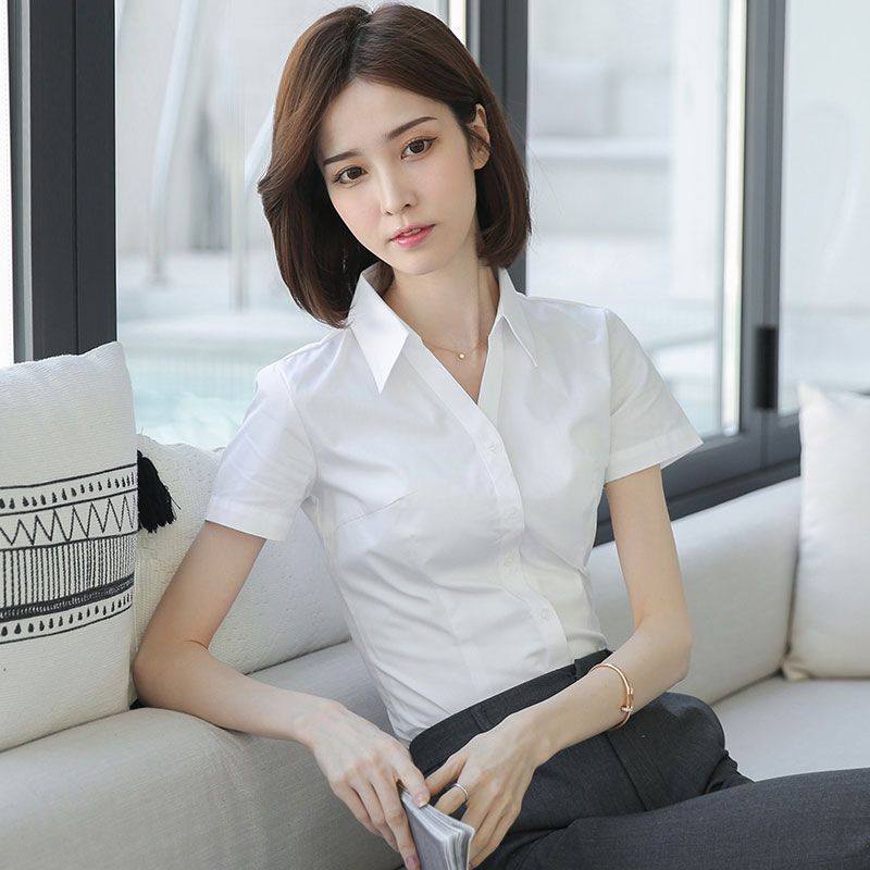 白色衬衫女短袖夏季新款韩版职业上衣衬衣修身正装工装工作服