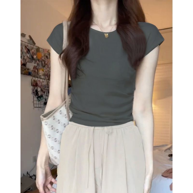 【正肩小飛袖】純欲風T恤女灰色辣妹小個子短款上衣時尚打底衫夏