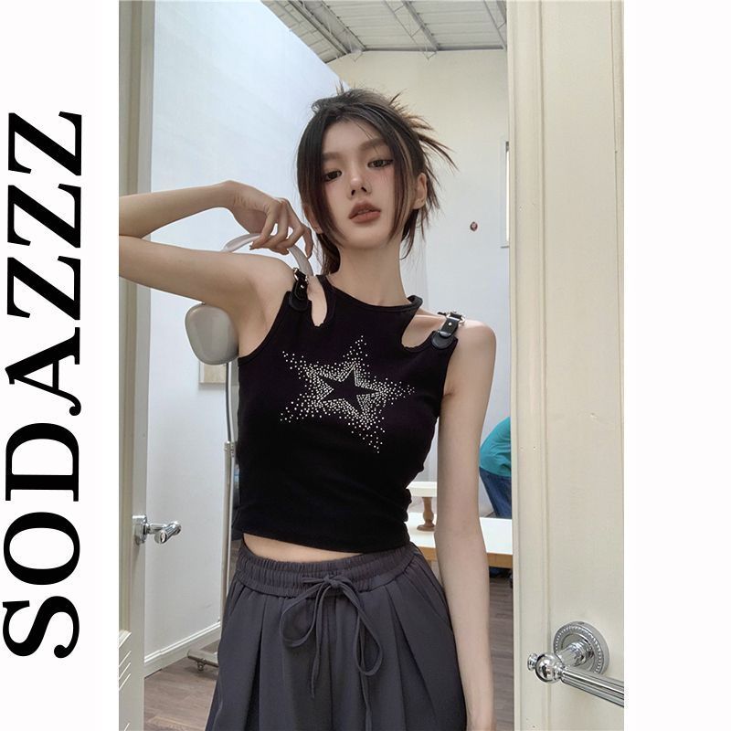 無袖T恤女設計感辣妹夏季韓版2023新款修身顯瘦外穿露臍印花上衣