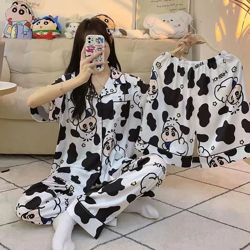 睡衣女夏天蠟筆小新奶牛男女同款情侶外穿學生党家居服套裝三件套