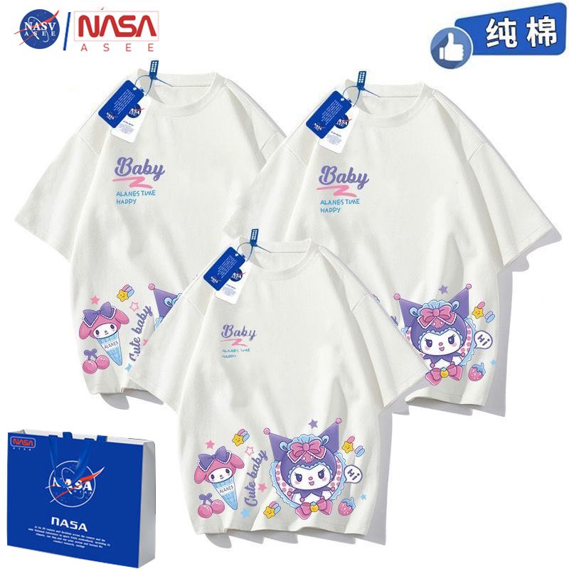 NASA星之卡比亲子装2023新款夏天一家三口短袖t恤纯棉母女全家装